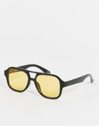 Asos Design Navigator Sunglasses In Black Recycled Frame With Yellow Lens