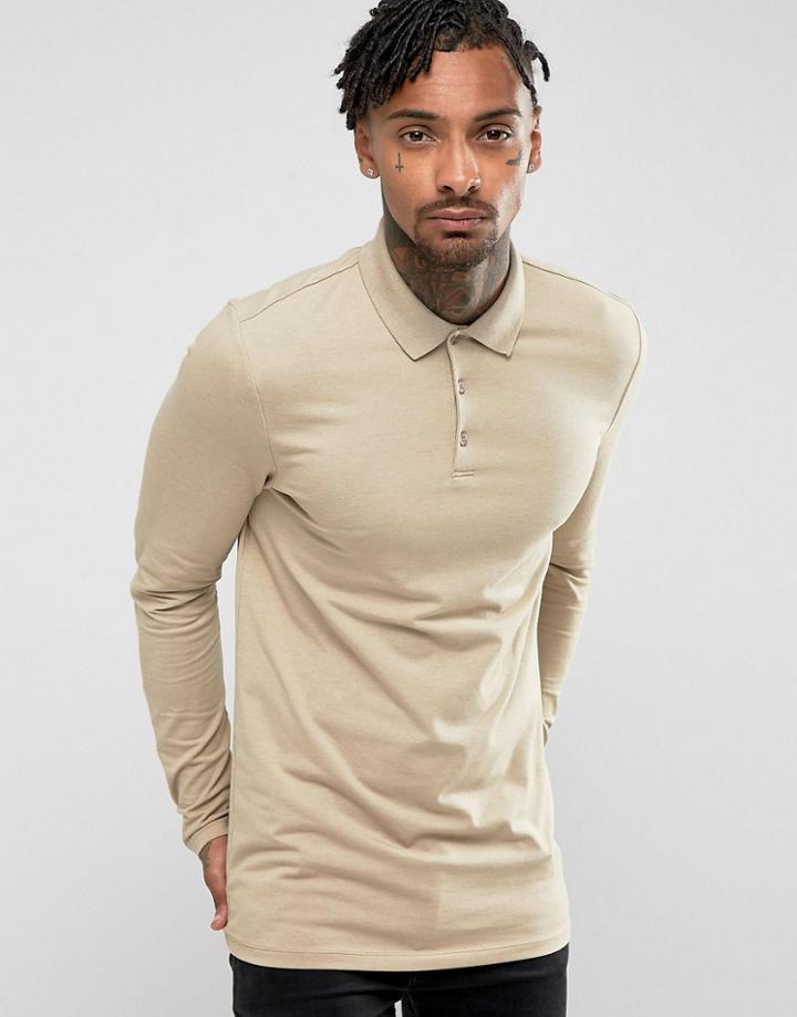 Asos Longline Muscle Long Sleeve Polo In Beige - Beige