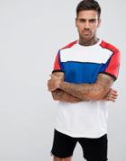 Asos Design T-shirt With Curved Hem And Polytricot Yoke In White - White