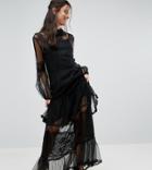 White Cove Petite Lace Crochet Full Prom Maxi Dress With Bell Sleeves - Black