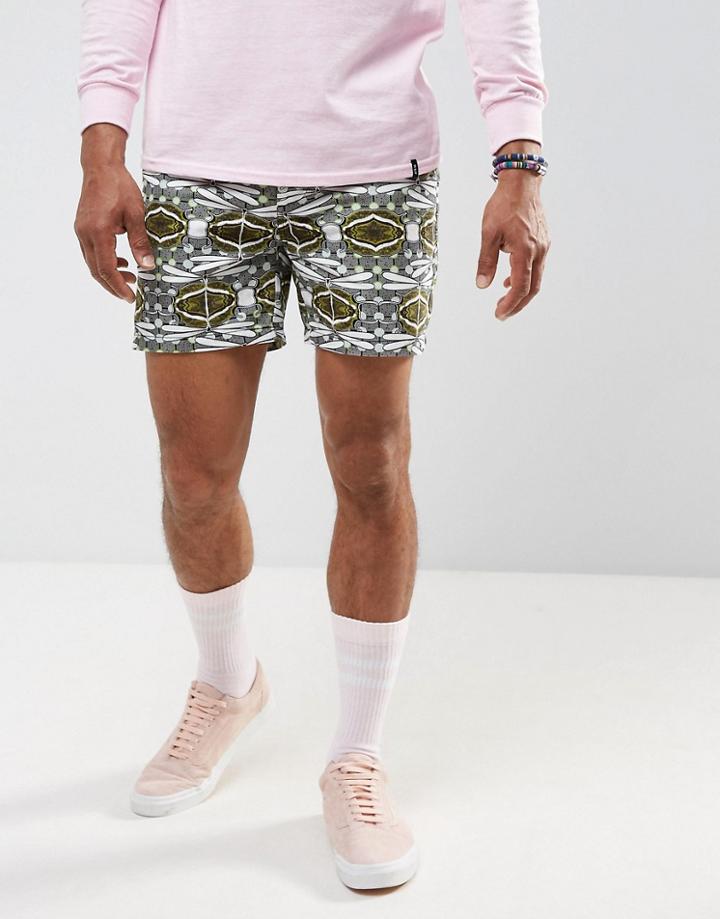 Asos Slim Shorter Chino Shorts With Dragonfly Print - Green