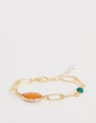 Asos Design Bracelet In Open Link Chain With Faux Stone And Pearl Detail In Gold Tone - Gold