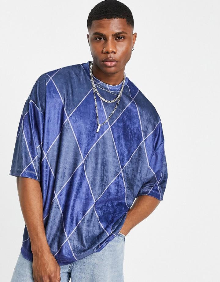 Asos Design Oversized T-shirt In Check Printed Velour-blues