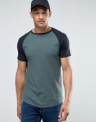 Asos Longline Muscle T-shirt In Heavy Waffle With Contrast Raglan Sleeves In Dark Green - Green