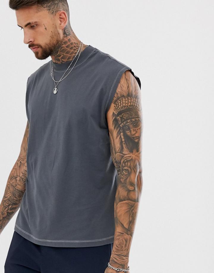 Asos Design Oversized Sleeveless T-shirt In Gray With Contrast Stitching - Gray