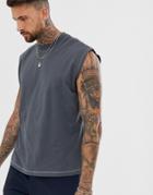 Asos Design Oversized Sleeveless T-shirt In Gray With Contrast Stitching - Gray