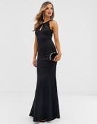 City Goddess Open Back High Neck Maxi Dress-black
