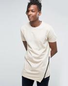 Asos Super Longline T-shirt With Angled Zip Hem In Beige - White