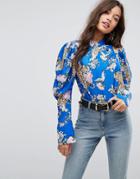 Asos Top With Extreme Sleeve In Floral Tiger - Multi