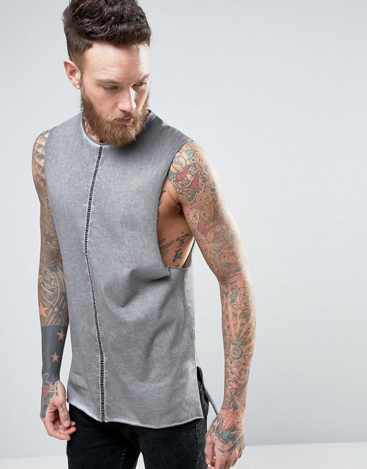 Asos Super Longline Tank In Gray Wash With Dropped Armhole And Step Hem - Gray