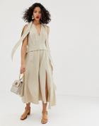 Asos Design Plunge Neck Modern Maxi Dress With Cape Sleeves In Texture - Beige