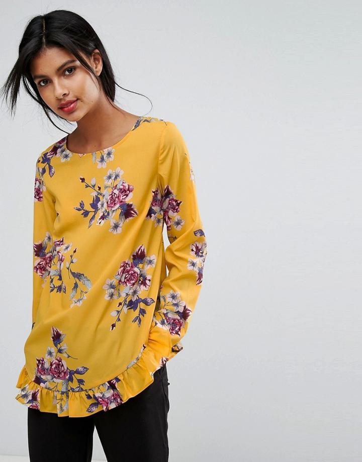 Vila Floral Printed Woven Top With Frill Hem - Multi