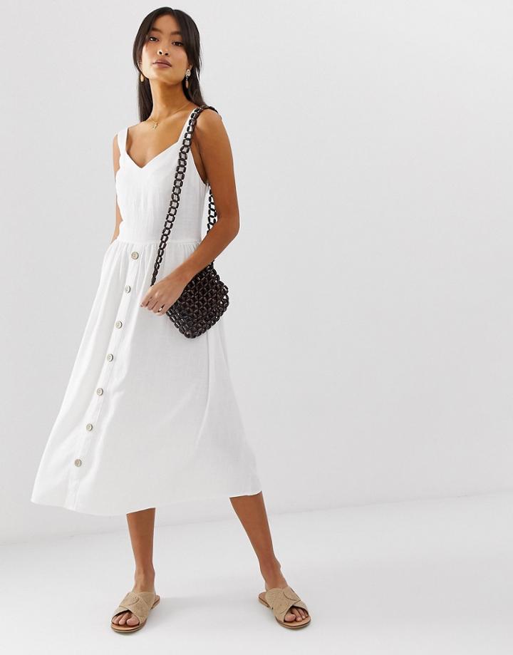 New Look Midi Dress With Button Front In White - White
