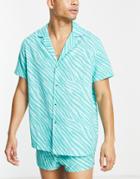 Asos Design Relaxed Revere Shirt In Blue Zebra Print - Part Of A Set