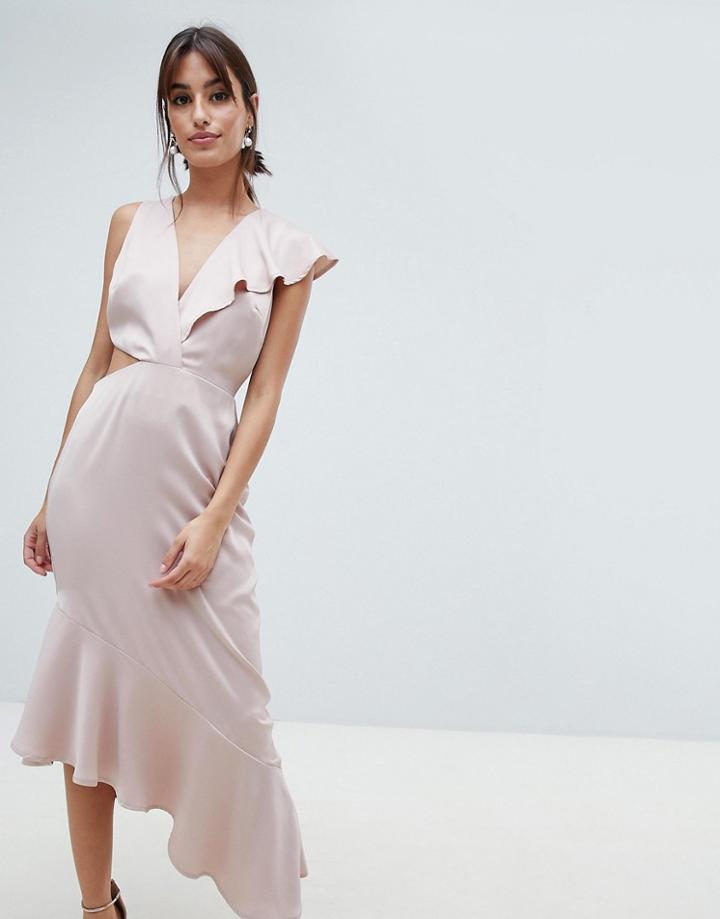 Asos Design Satin Deep Plunge Ruffle Dress With Cut Out Side - Pink