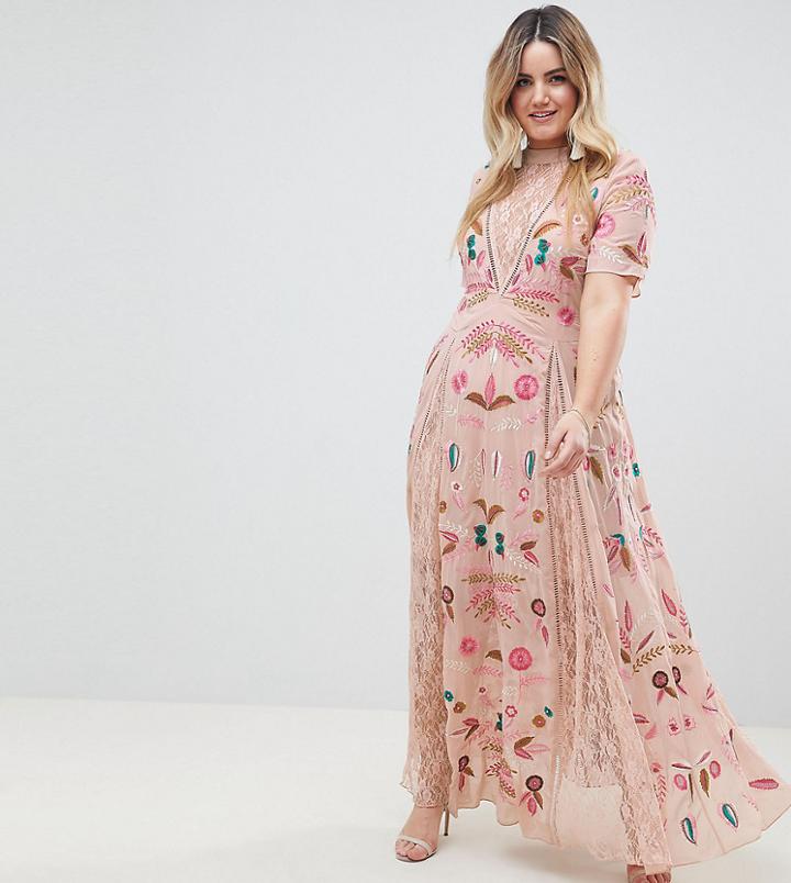 Frock And Frill Plus Allover Embroidered Plunge Front Maxi Dress - Cream