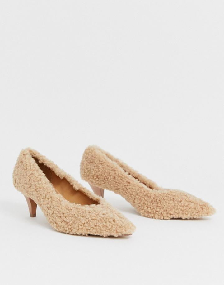 Asos Design Sensation Kitten Heel Pumps In Teddy Fleece-beige