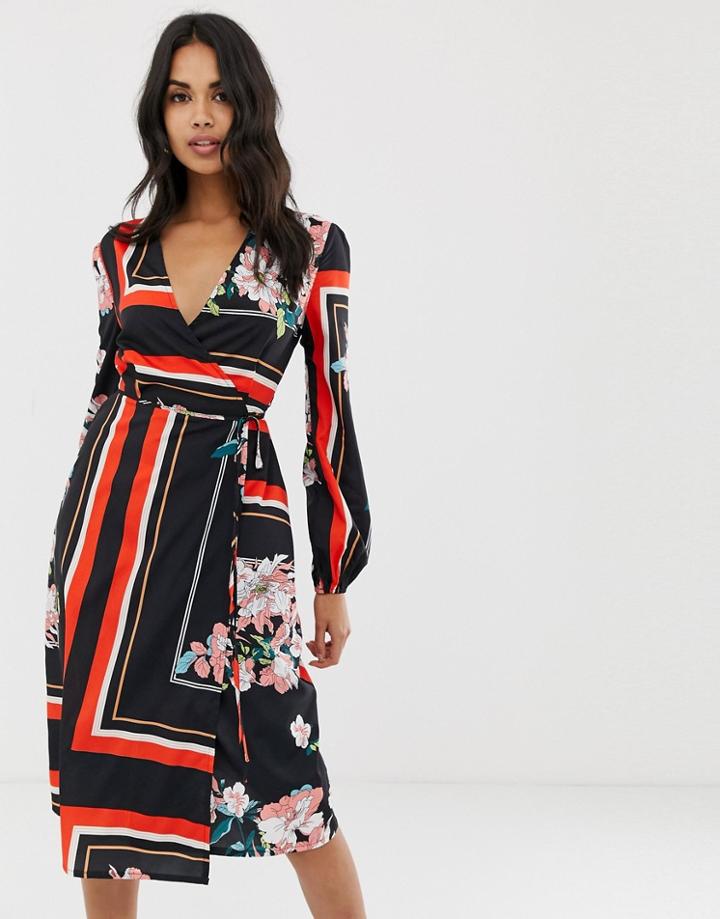 Boohoo Wrap Midi Dress In Mixed Floral And Stripe Print - Multi