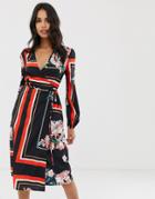 Boohoo Wrap Midi Dress In Mixed Floral And Stripe Print - Multi