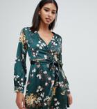 Missguided Satin Wrap Mini Tea Dress In Green Floral - Green