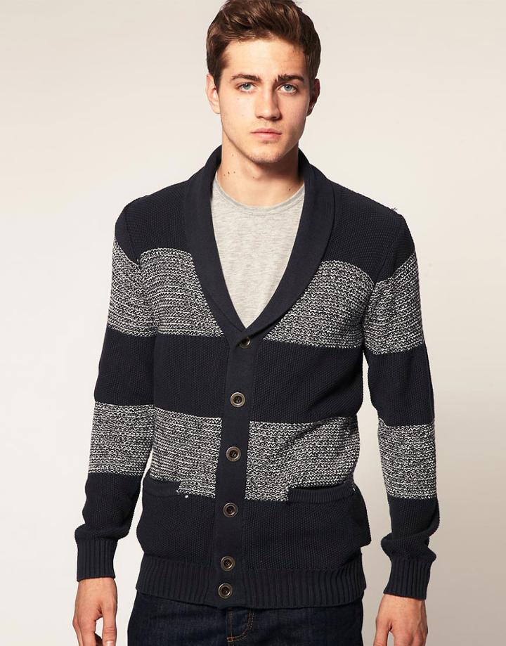 Jack & Jones Intelligence Roll Shawl Neck Stripe Cardigan - Blue