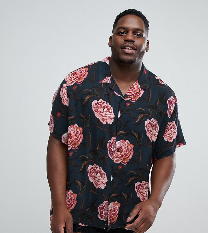 Asos Plus Oversized Viscose Shirt In Floral Print With Revere Collar - Navy