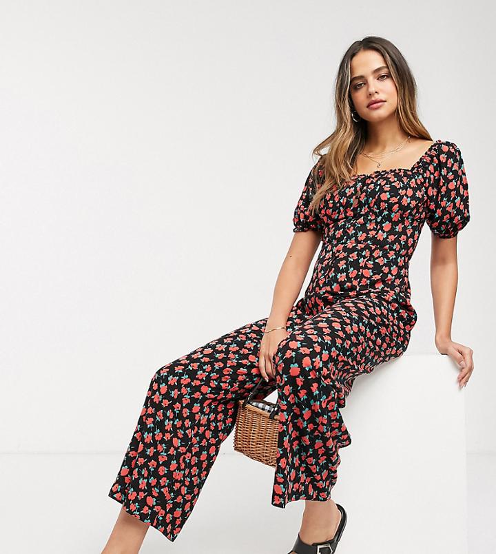 Asos Design Tall Square Neck Tea Jumpsuit In Red Floral Print-multi