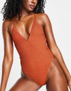 South Beach Textured Swimsuit With Waist Tie In Rust-brown