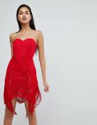 Dark Pink Sweetheart Lace Pencil Dress With Tassel Trim - Red