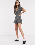 Pull & Bear Wrap Front Romper In Black Print