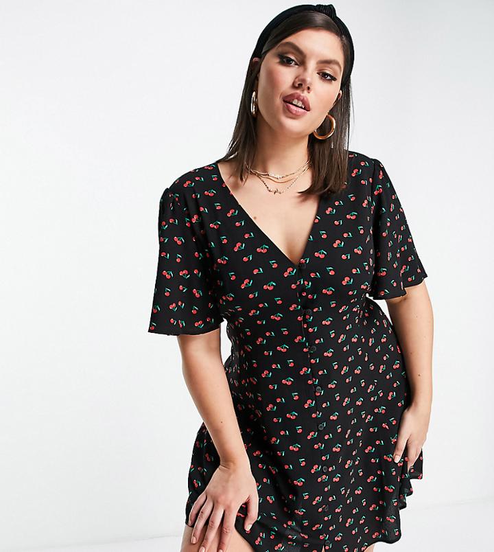 Asos Design Curve Button Through Tie Back Mini Tea Dress With Angel Sleeve In Cherry Print-multi