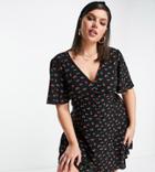 Asos Design Curve Button Through Tie Back Mini Tea Dress With Angel Sleeve In Cherry Print-multi