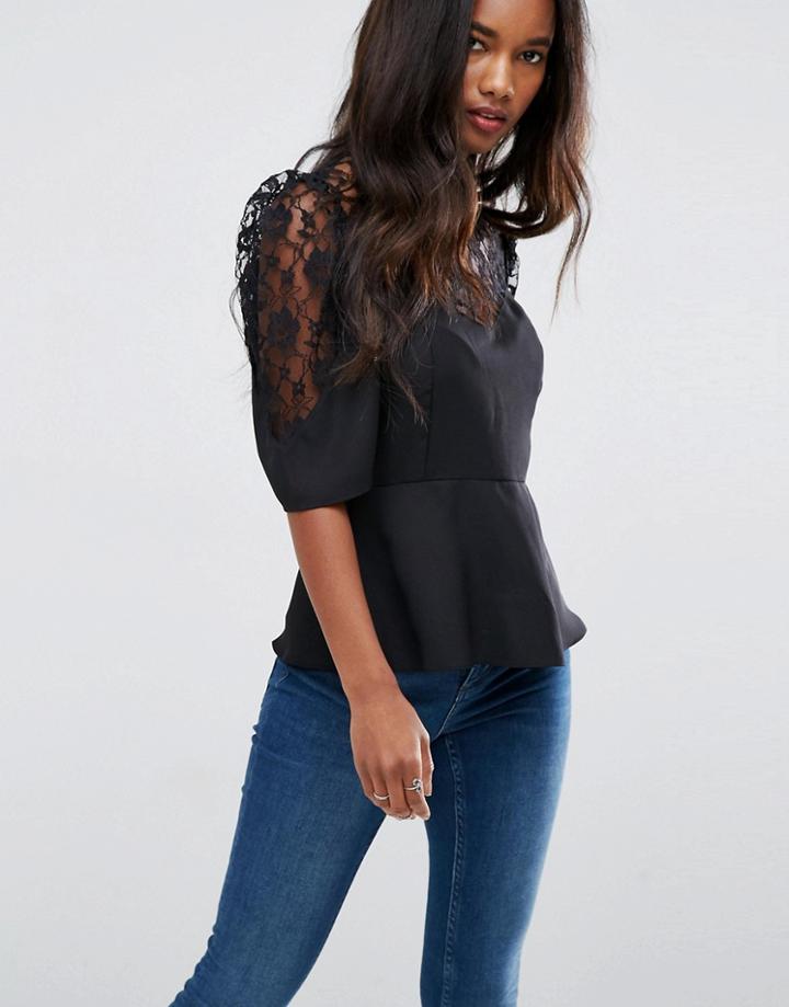 Asos Puff Sleeve Lace Tea Blouse - Black