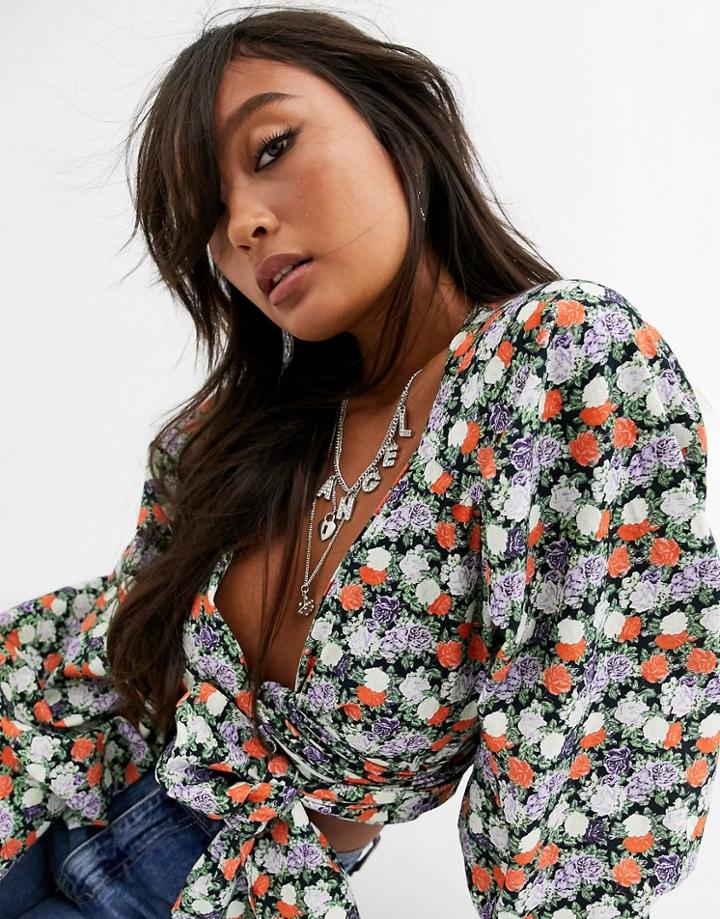 Asos Design Long Sleeve Wrap Top With Deep Cuff Detail In Floral-multi