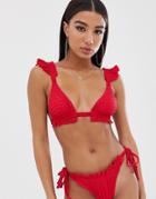Asos Design Textured Ruffle Triangle Bikini Top In Red - Red