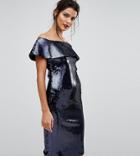 Tfnc Off Shoulder Sequin Bandeau Midi Dress In Allover Gold Pattern - Navy