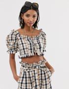 Neon Rose Tea Blouse With Puff Sleeves In Check Two-piece - Brown