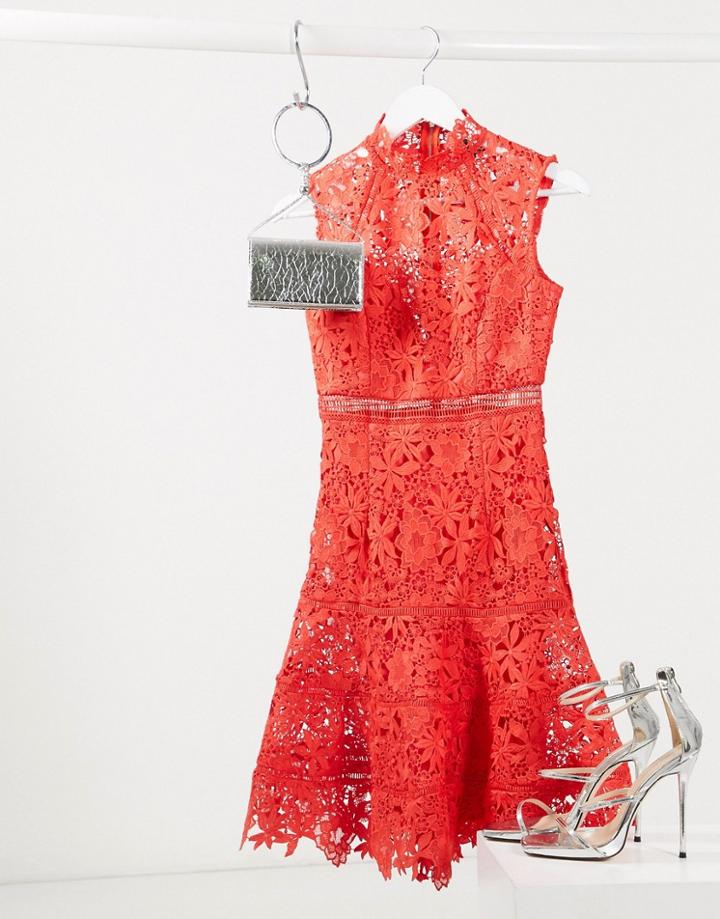 Bardot Drop Waist Midi Lace Dress In Red
