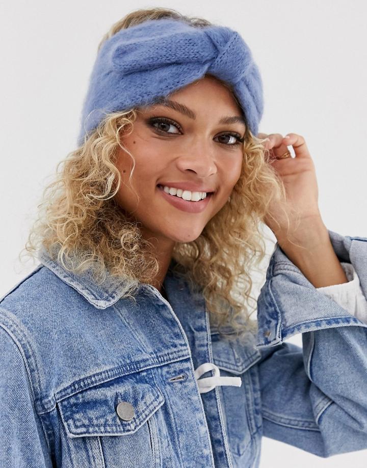 Asos Design Bow Detail Headband In Fluffy Yarn In Blue
