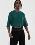 Asos Design Cropped Oversized T-shirt With Half Sleeve In Mesh - Green