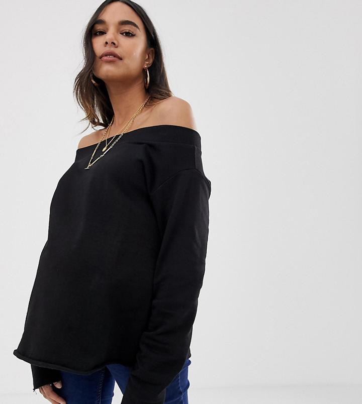 Asos Design Maternity Off Shoulder Sweatshirt With Raw Edges In Black - Black