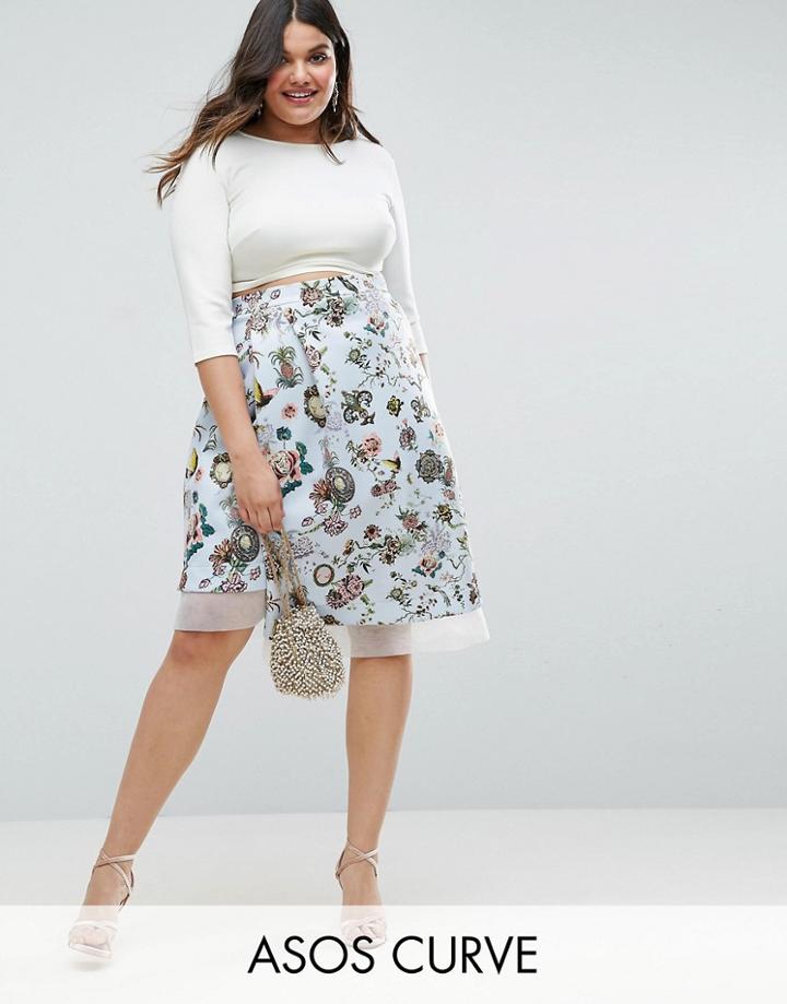 Asos Curve Scuba Prom Skirt With Asymmetric Organza Trim In Print - Multi
