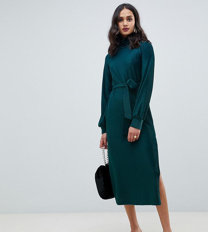 Miss Selfridge Midi Dress With High Neck In Green Velvet
