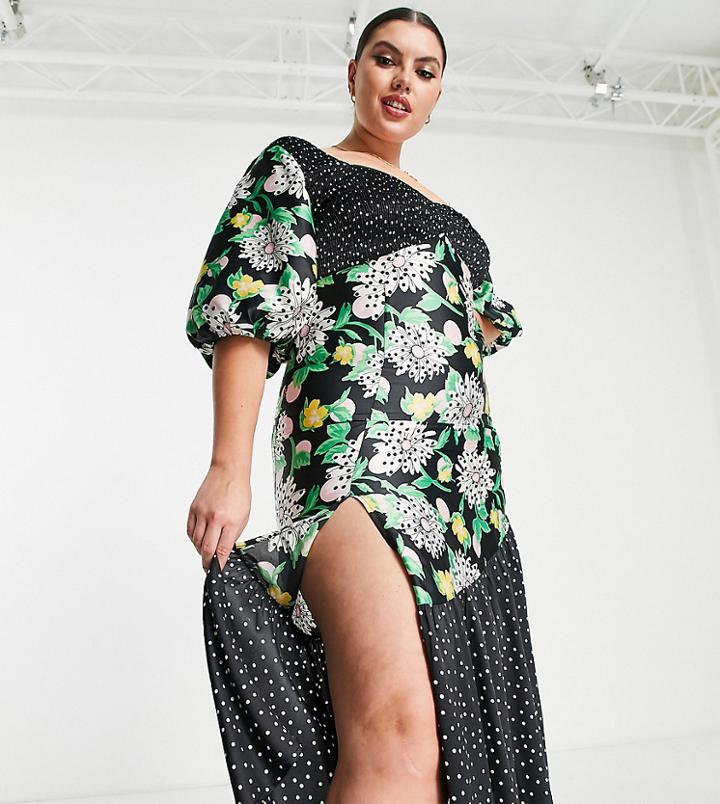 Asos Design Curve Mixed Print Shirred Midi Tea Dress With Bubble Sleeve-multi
