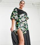 Asos Design Curve Mixed Print Shirred Midi Tea Dress With Bubble Sleeve-multi
