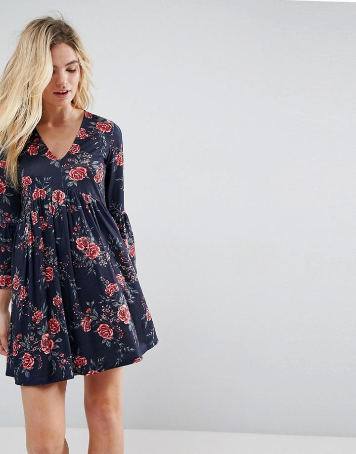 Asos Smock Dress With V Neck And Trumpet Sleeve In Rose Print - Multi