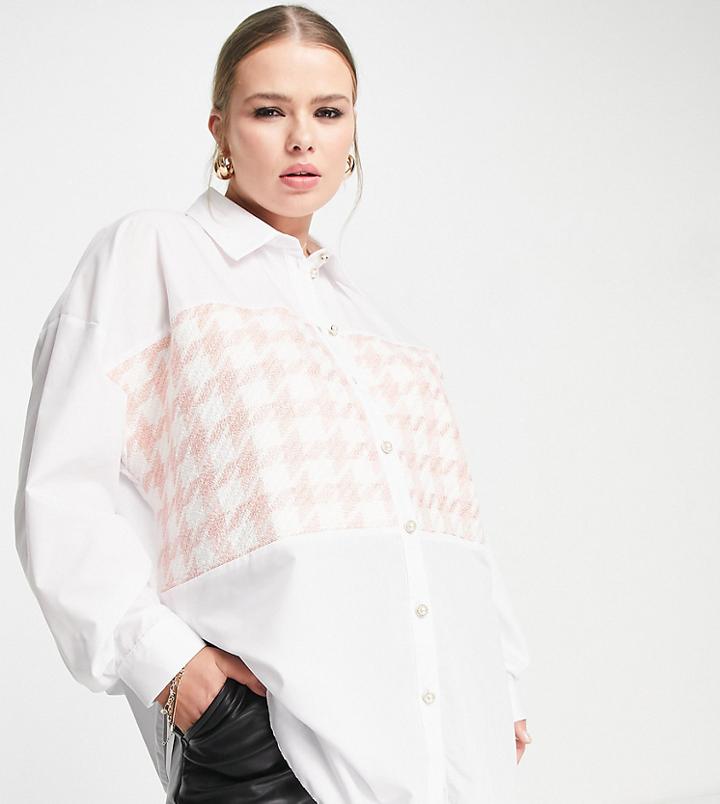 River Island Plus Boucle Hybrid Shirt With Pearl Button Detail In White