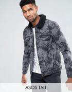 Asos Tall Denim Jacket With Bleach Effect And Fleece Collar In Gray - Black