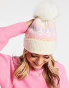 Boardmans Knitted Fairisle Faux Fur Pom Beanie In Cream-neutral