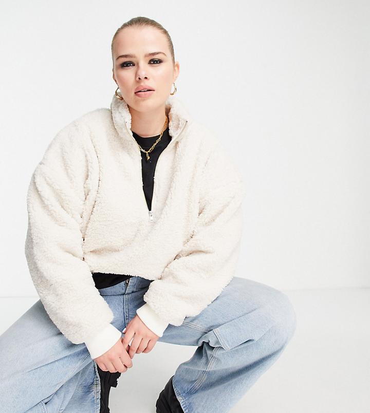 Dr Denim Plus Boxy Fit Half Zip Borg Pullover Jacket In Off-white